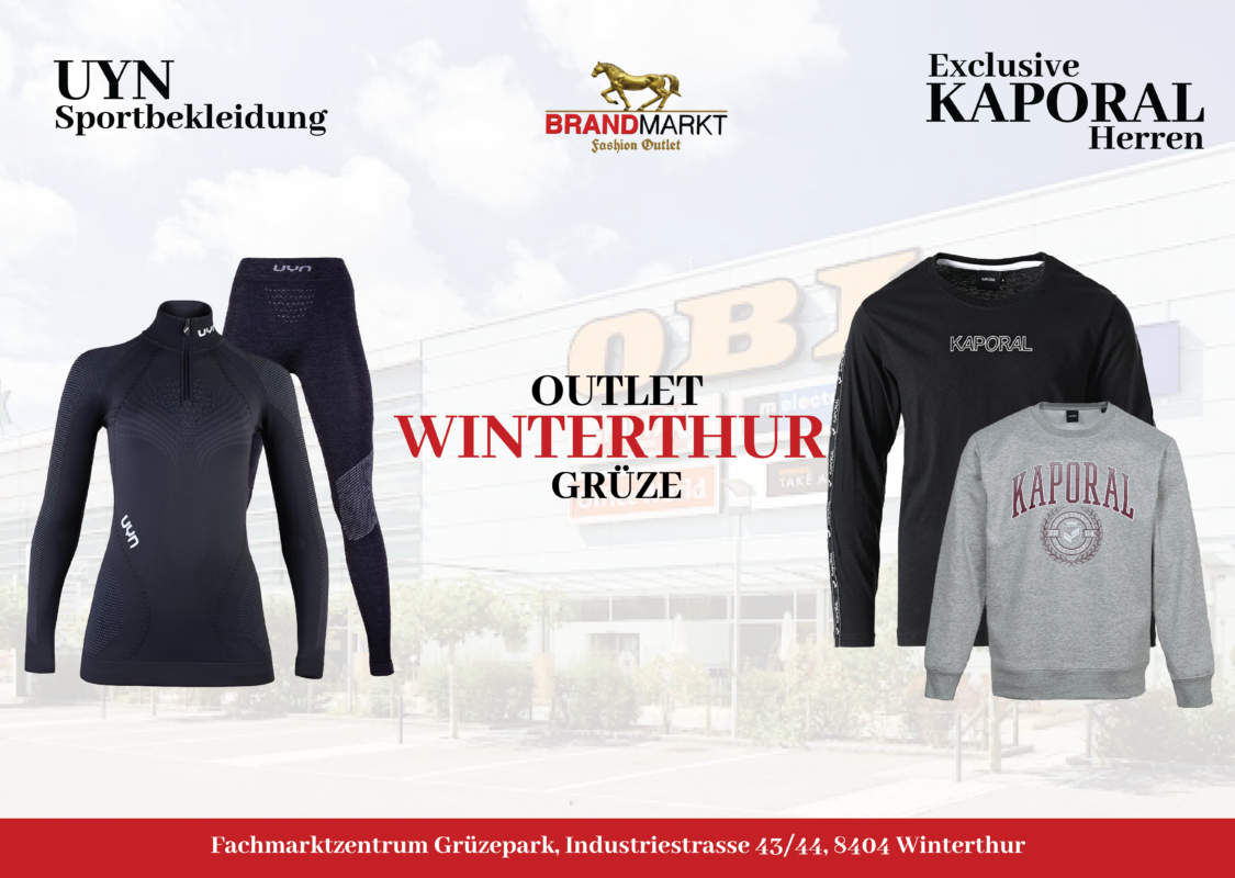 Promotional image for BrandMarkt Fashion Outlet located in Winterthur Grüze. The image showcases UYN sportswear on the left and Kaporal men's clothing on the right, including sweaters and long-sleeve tops. The background features the exterior of the BrandMarkt outlet building, with logos for nearby stores like OfficeWorld visible. The text highlights 'OUTLET WINTERTHUR GRÜZE' in bold red and mentions exclusive Kaporal Herren and UYN Sportbekleidung
