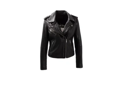 Schwarze Damen-Lederjacke im Bikerlook mit Perlen
